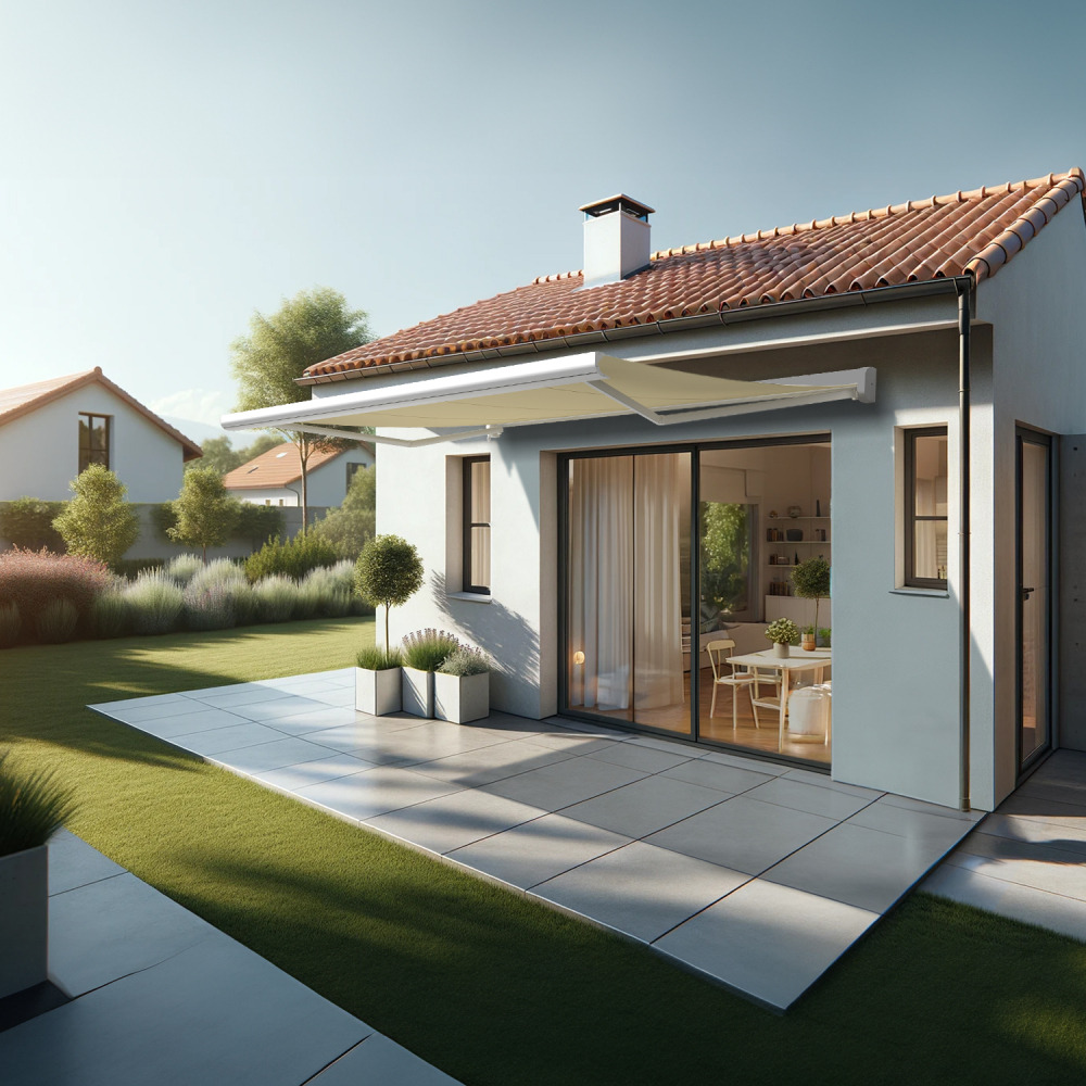 Store banne coffre intégral celeste 4,00x3,00 m (motorisé secours à télécommande - blanc satiné ral9010 - écru)