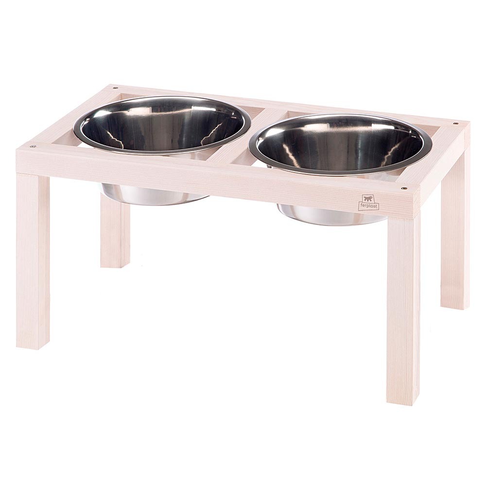 Ferplast support de gamelle pour chien desco wood, avec 2 gamelle en acier inoxydables - élégante gamelle en bois surélevée et