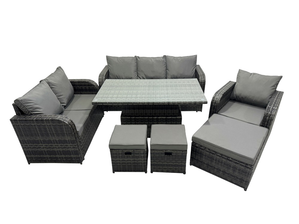 Ensemble repas de jardin exterieur table à manger réglable en hauteur chaise inclinable canapé avec 3 tabourets gris foncé mixte