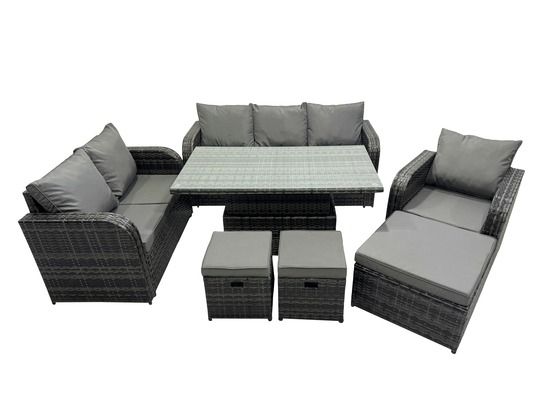 Ensemble repas de jardin exterieur table à manger réglable en hauteur chaise inclinable canapé avec 3 tabourets gris foncé mixte