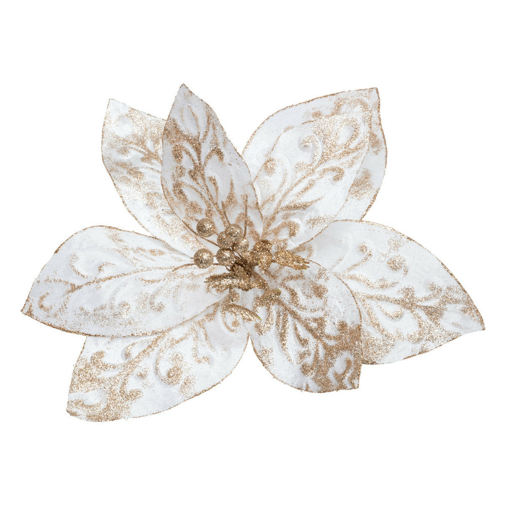 Déco de noël xl fleur de poinsettia velours blanc et or pailleté 40 x 40 cm