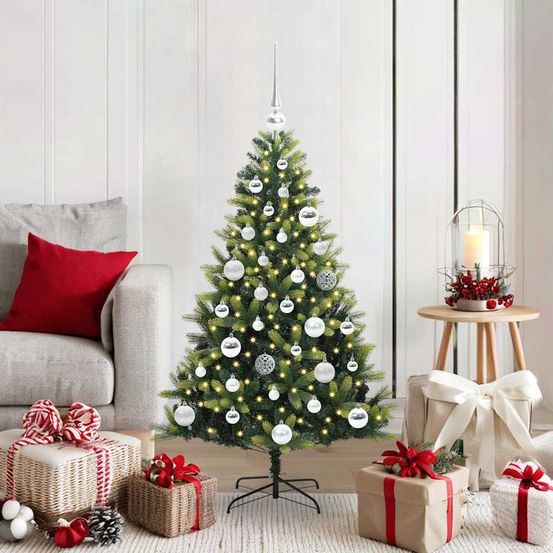Sapin de noël artificiel pliable 120cm, décoré et lumineux avec 150 led intégrées