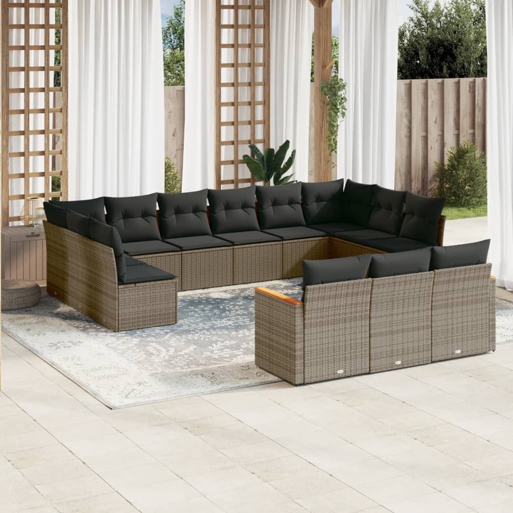 Salon de jardin avec coussins 13 pcs gris résine tressée