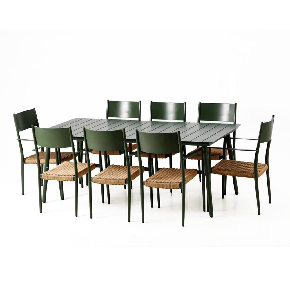 Ensemble table de jardin 200 cm et 8 fauteuils kaki effet rotin canberra