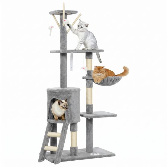 Grand arbre à chat 134 cm avec niche hamac échelle et plateformes de jeu en peluche gris