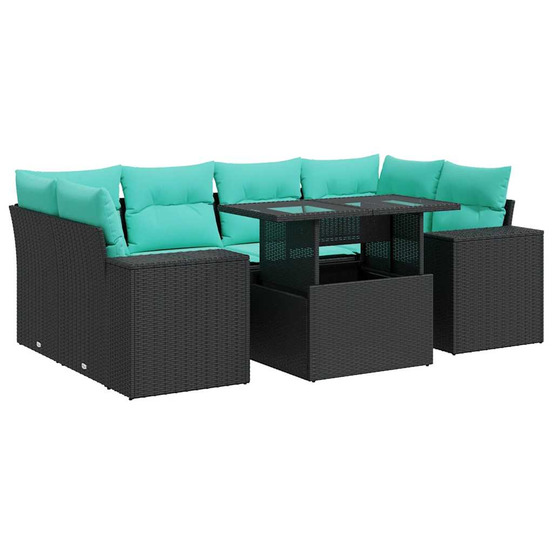 Salon de jardin avec coussins 7 pcs noir résine tressée acacia