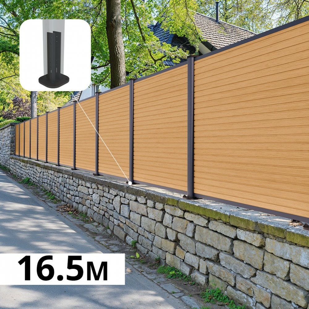 Kit clôture composite sur muret poteau sur platines - santos cèdre h-1,2m