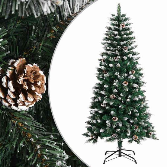 Sapin de noël articulé enneigé 120 cm pvc pailleté avec pommes de pin