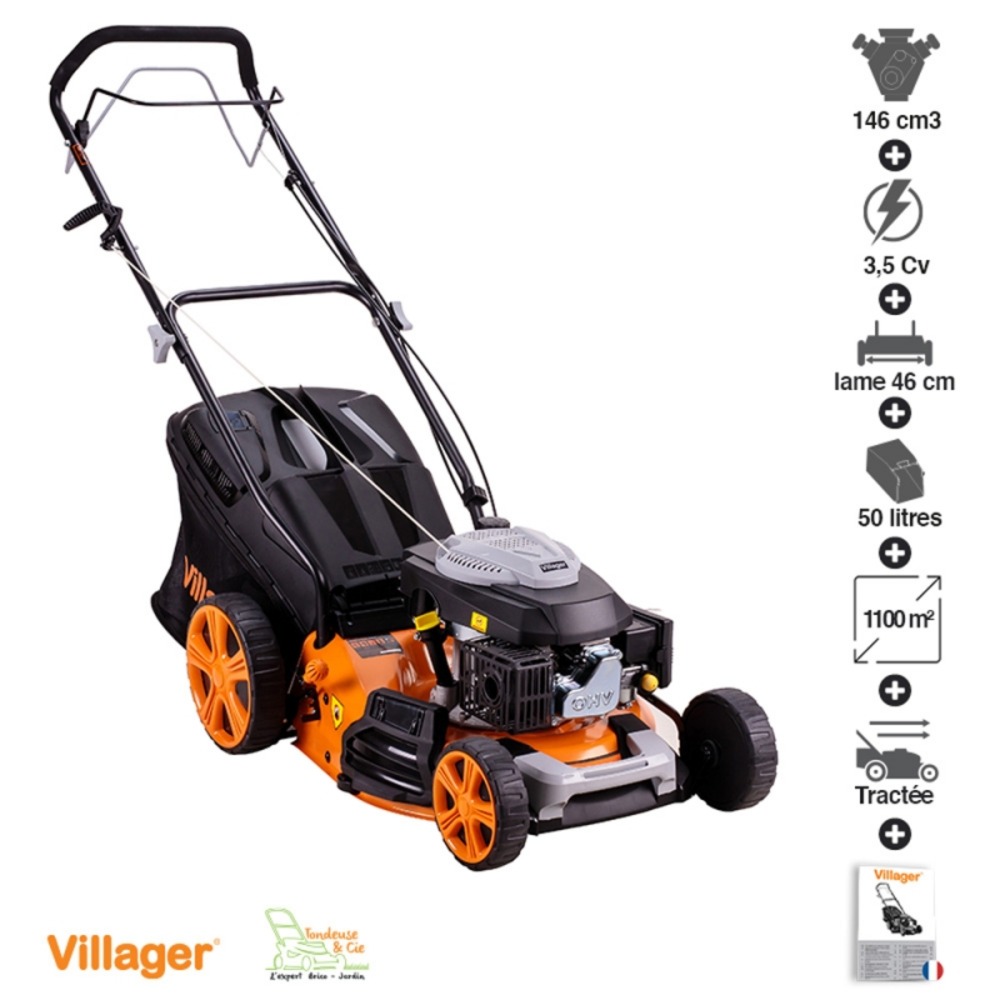 Tondeuse à gazon mulching tractée 146cc 4 en 1 coupe 46cm villager prime 4111t