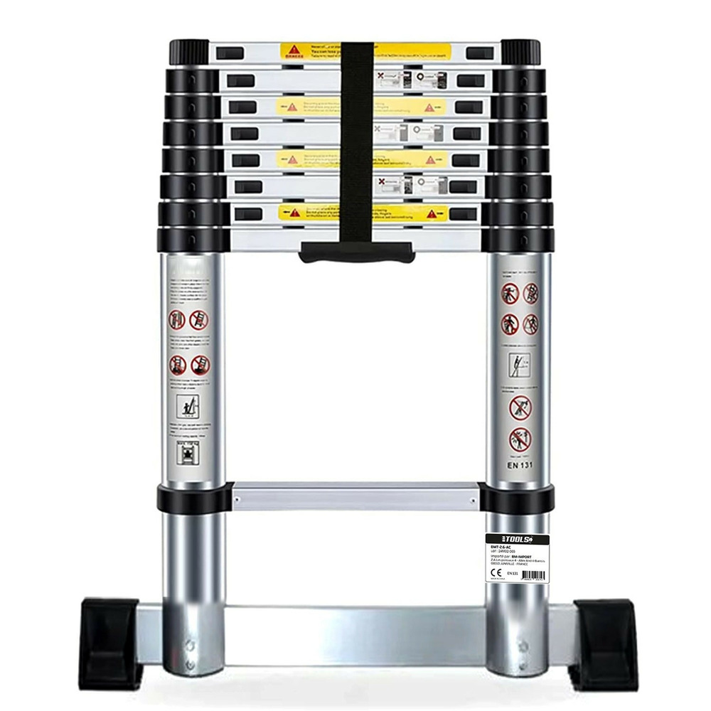 Échelle télescopique bm tools 2,6m en alu avec stabilisateur - charge 150kg pliable extensible unique droite multi-fonction
