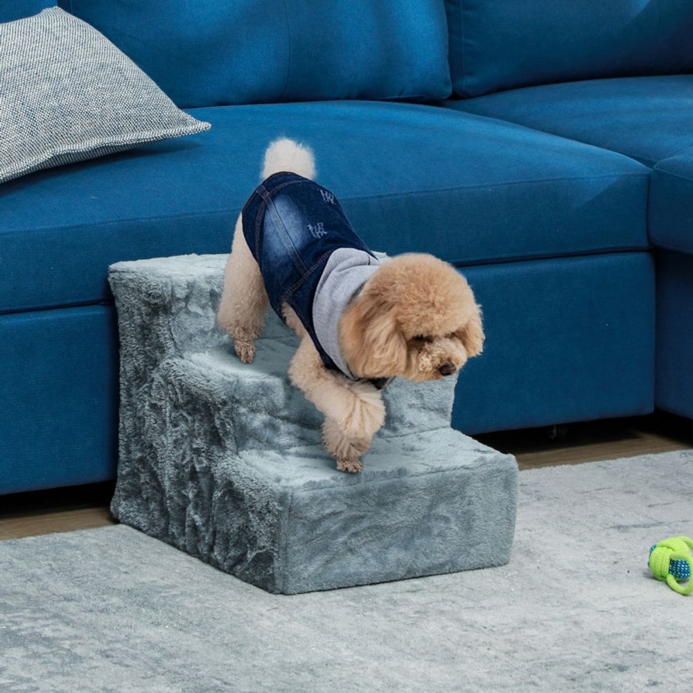 Escalier chien chat 3 marches bois peluche canapé lit aide montée 46x35cm gris - comfortxl pet living