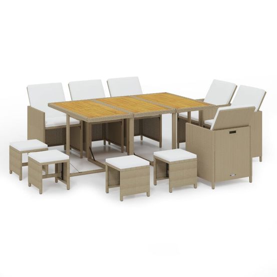 Ensemble à manger de jardin coussins 11pcs résine tressée beige