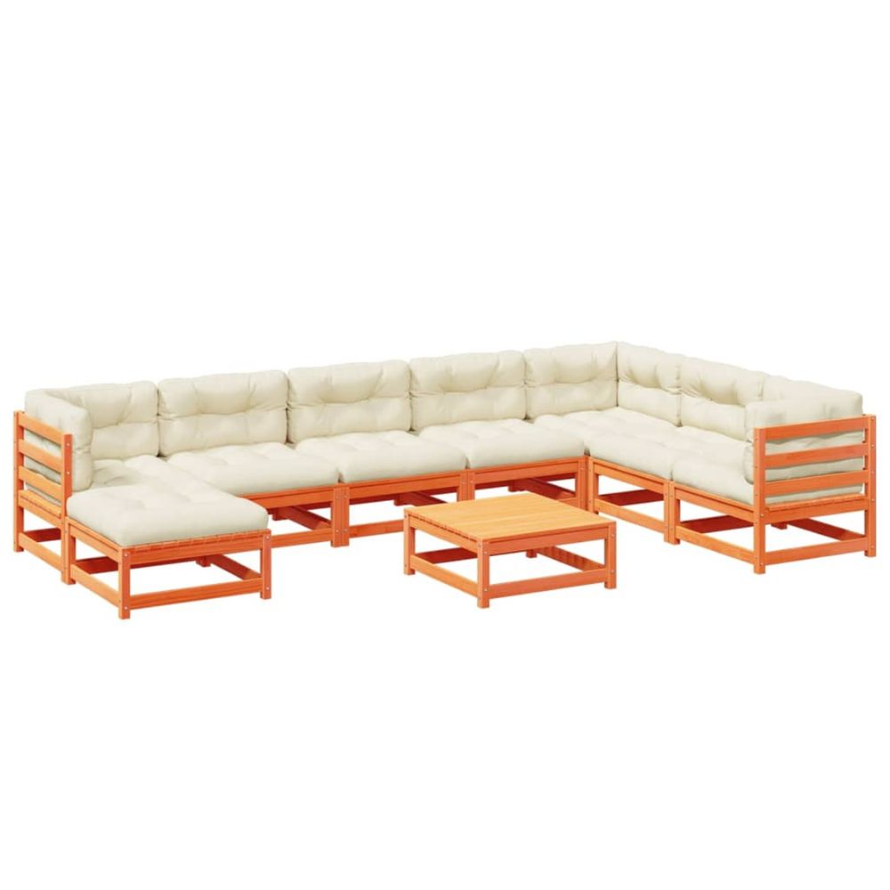 Salon de jardin 9 pcs avec coussins marron cire bois pin massif