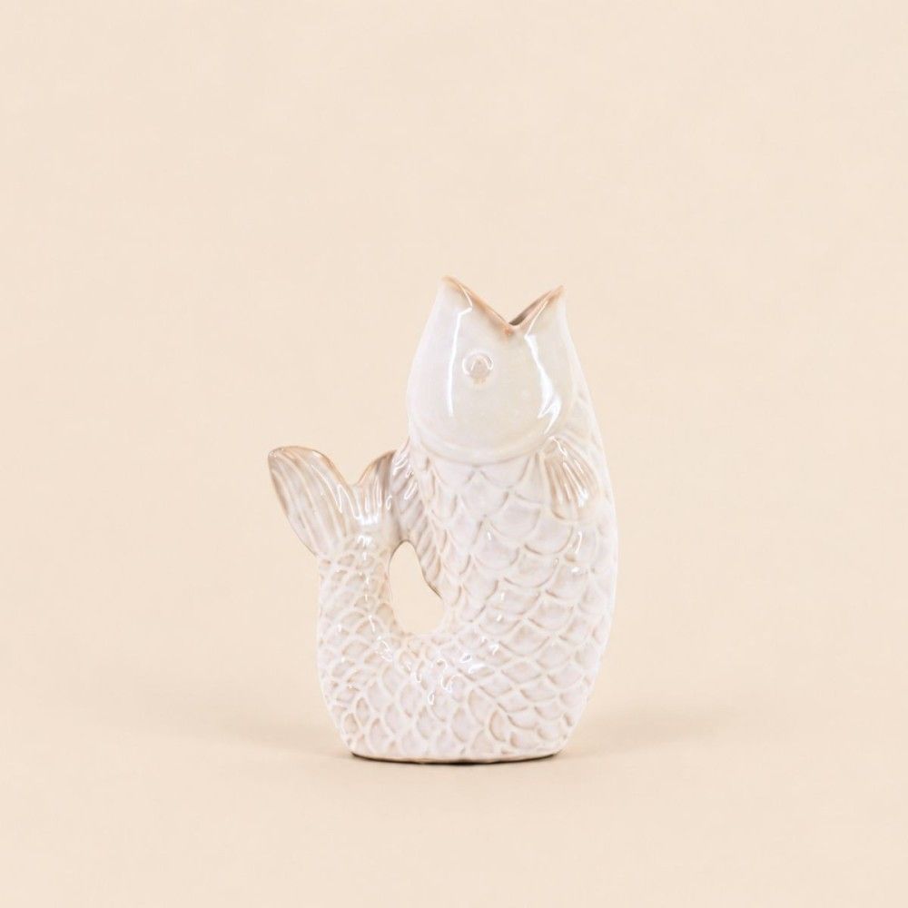Vase poisson émaillé blanc cassé, h23cm