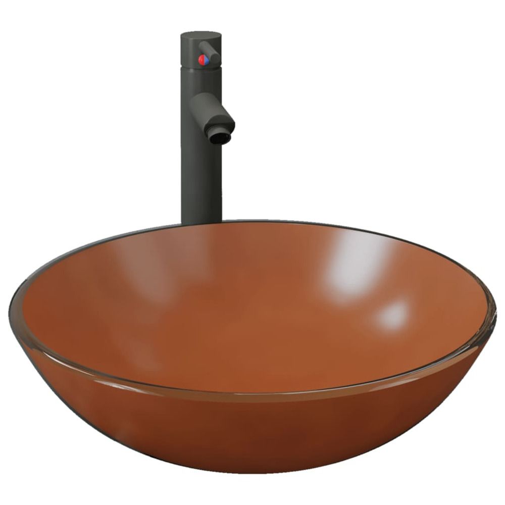 Lavabo de bain avec robinet et drain à poussoir verre trempé