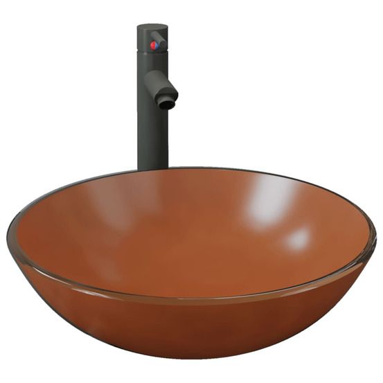 Lavabo de bain avec robinet et drain à poussoir verre trempé