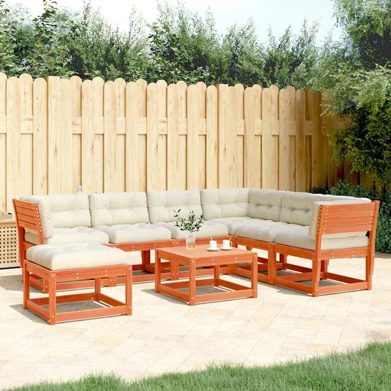 Salon de jardin 7 pcs avec coussins cire marron bois pin massif