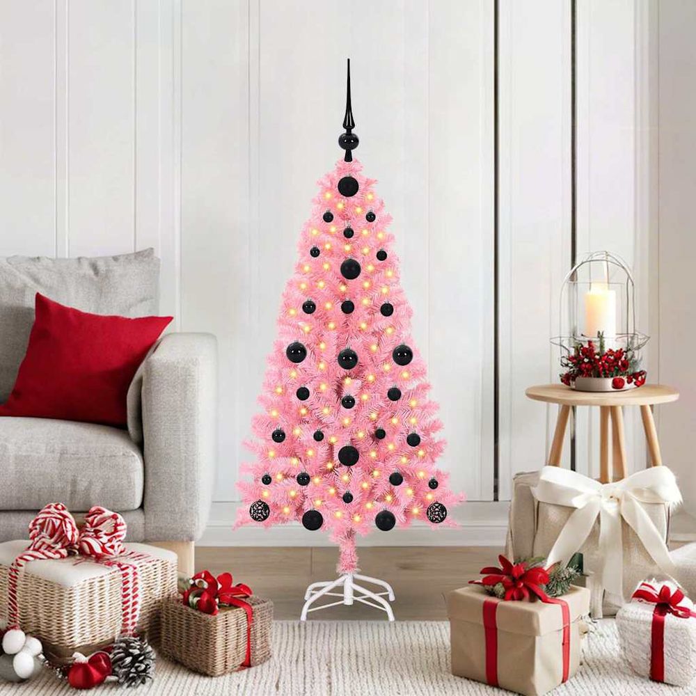 Kit sapin de noël artificiel rose 120 cm lumineux avec 150 led et 61 boules