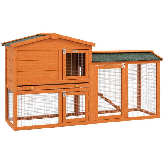 Clapier lapin extérieur bois d’épicéa orange 150 x 45 x 85 cm 2 niveaux toit étanche