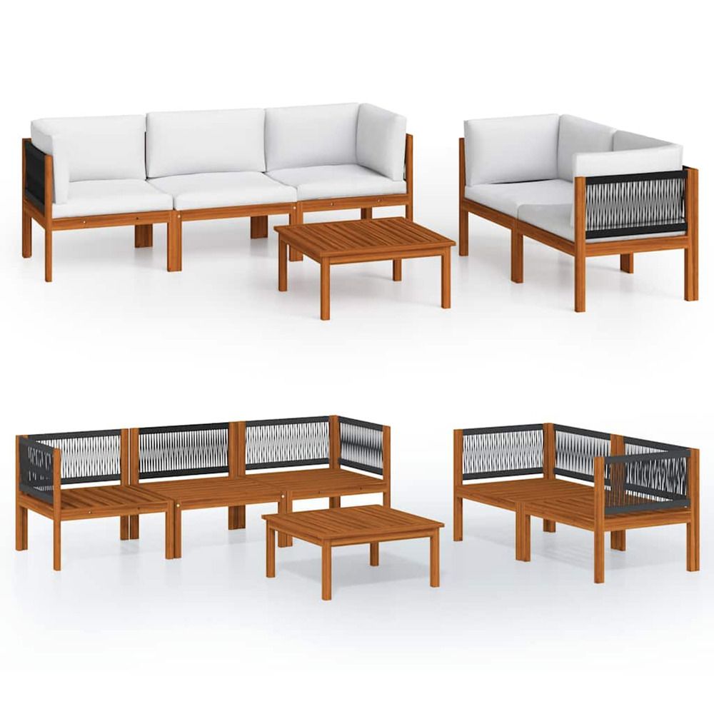 Salon de jardin 6 pièces avec coussins, bois d'acacia crème et corde
