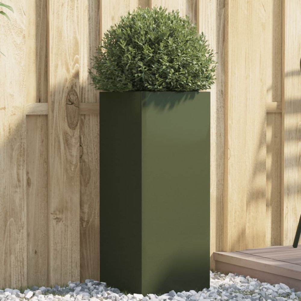 Petite jardinière haute acier laminé à froid compacte pour décoration balcon ou entrée vert olive 32x29x75cm