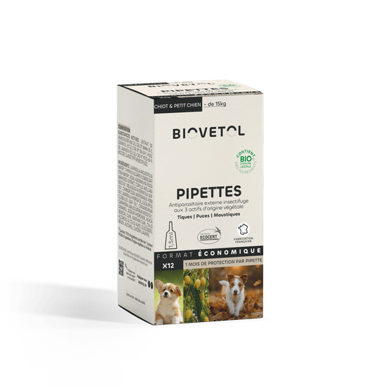 Pipettes anti puces chiot / petit chien bio- certifié ecocert 12 pipettes*1,5ml