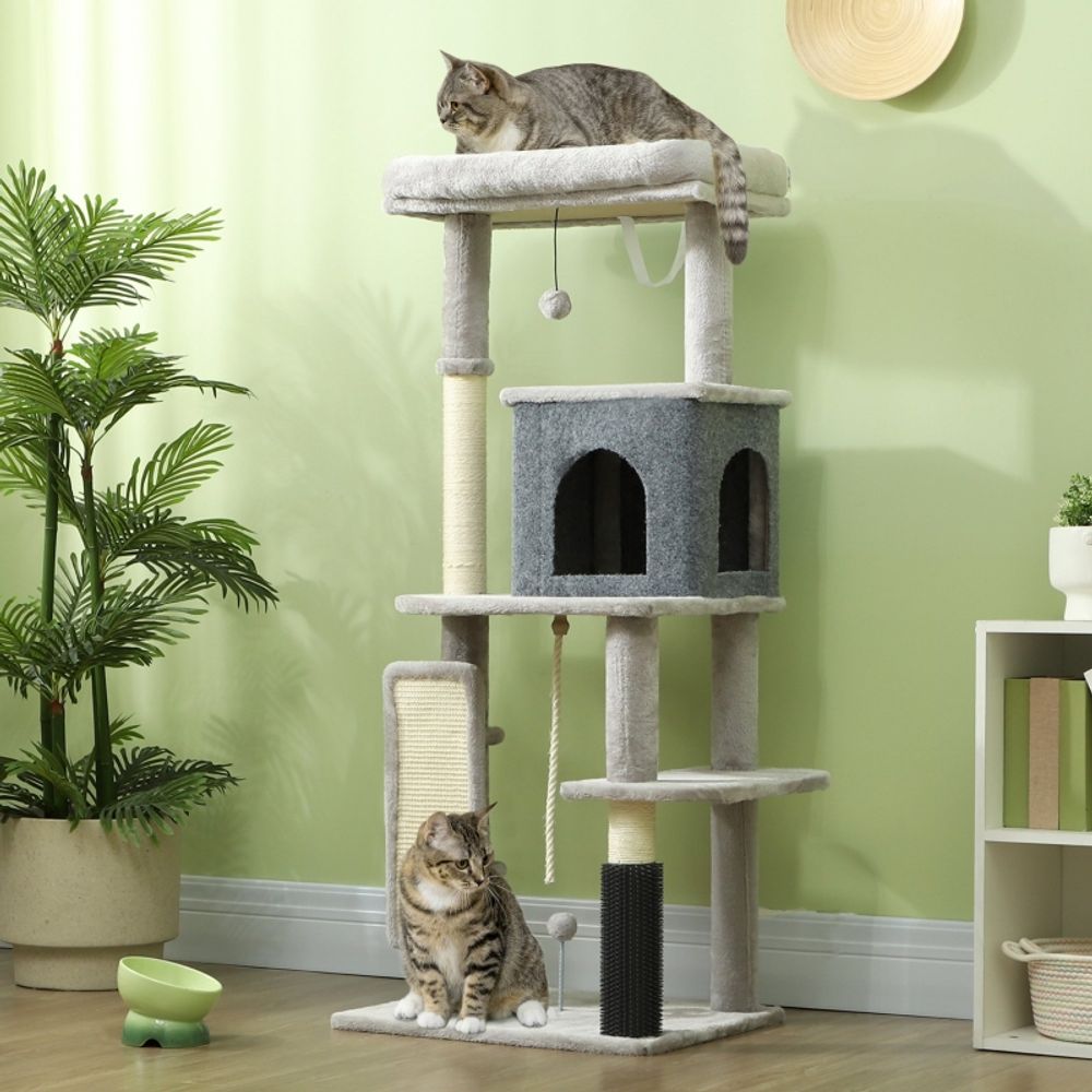 Arbre à chat griffoir sisal peluche multi-niveaux brosse soin 132cm gris - comfortxl pet living