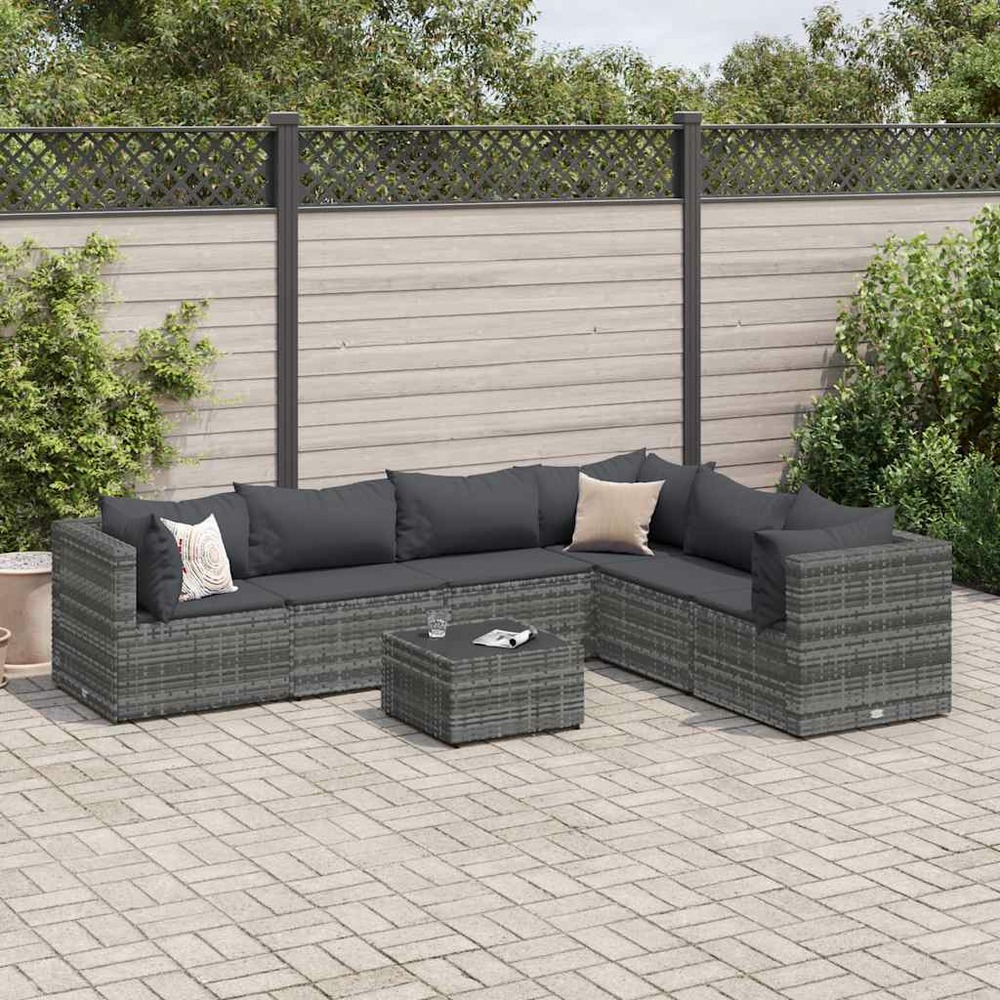 Salon de jardin 7 pcs avec coussins gris résine tressée