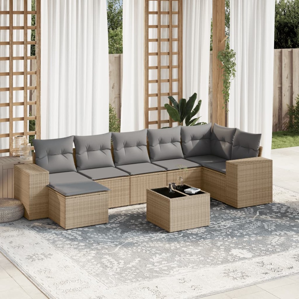 Salon de jardin avec coussins 8 pcs beige résine tressée
