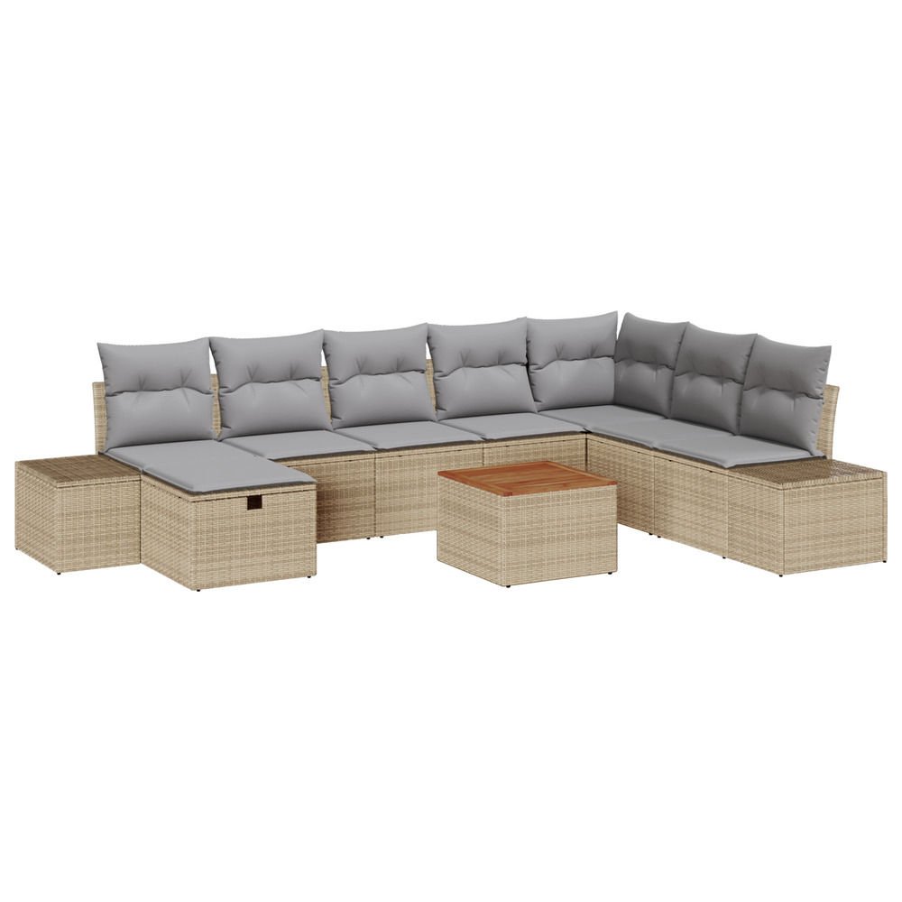 Ensemble de canapé de jardin 9 pièces avec coussins beige en poly rattan
