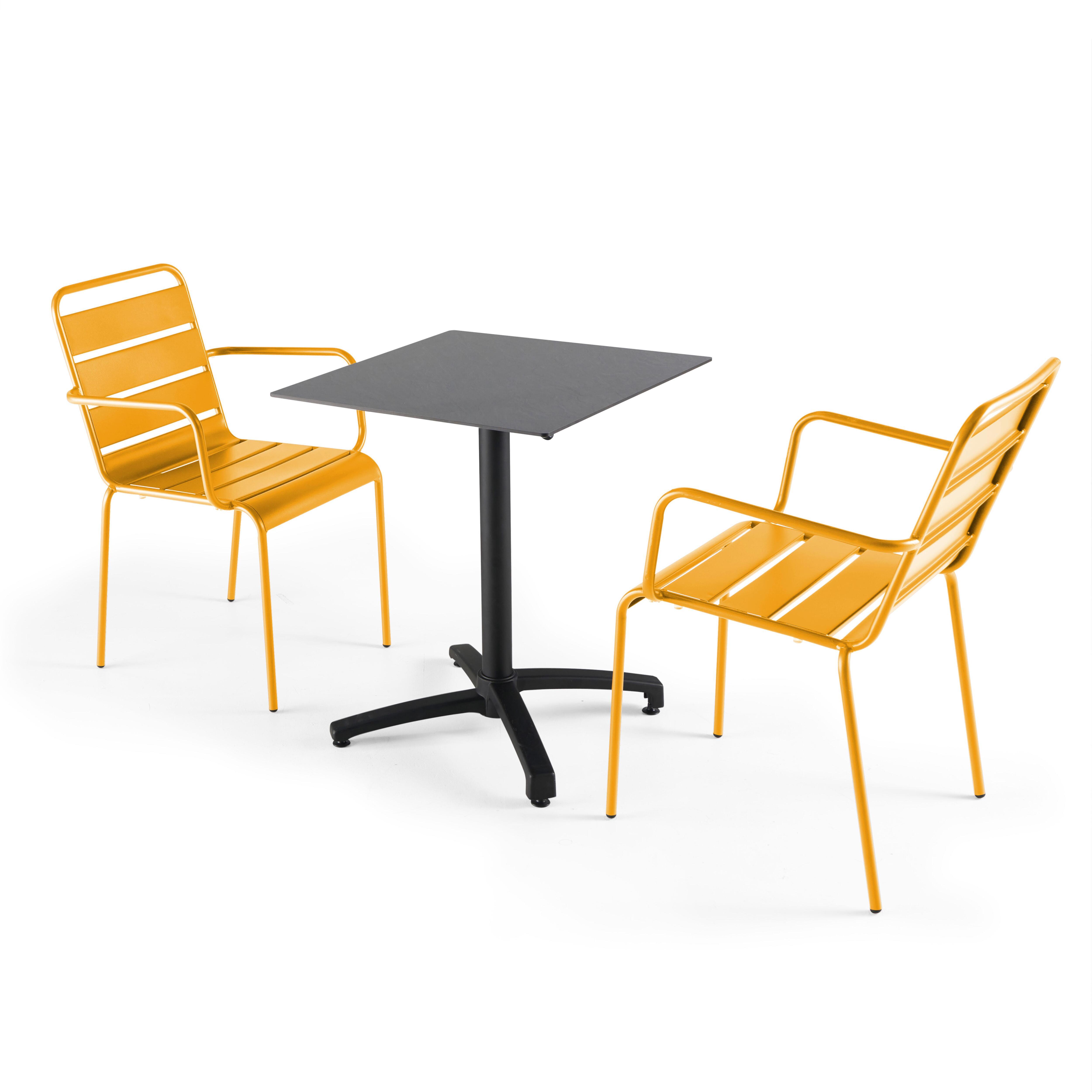 Ensemble table de jardin stratifié ardoise gris et 2 fauteuils jaune