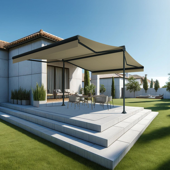 Store banne double pente enargite 4,00x2x3,00 m (manuelle - gris anthracite stucturé ral7016st - écru)