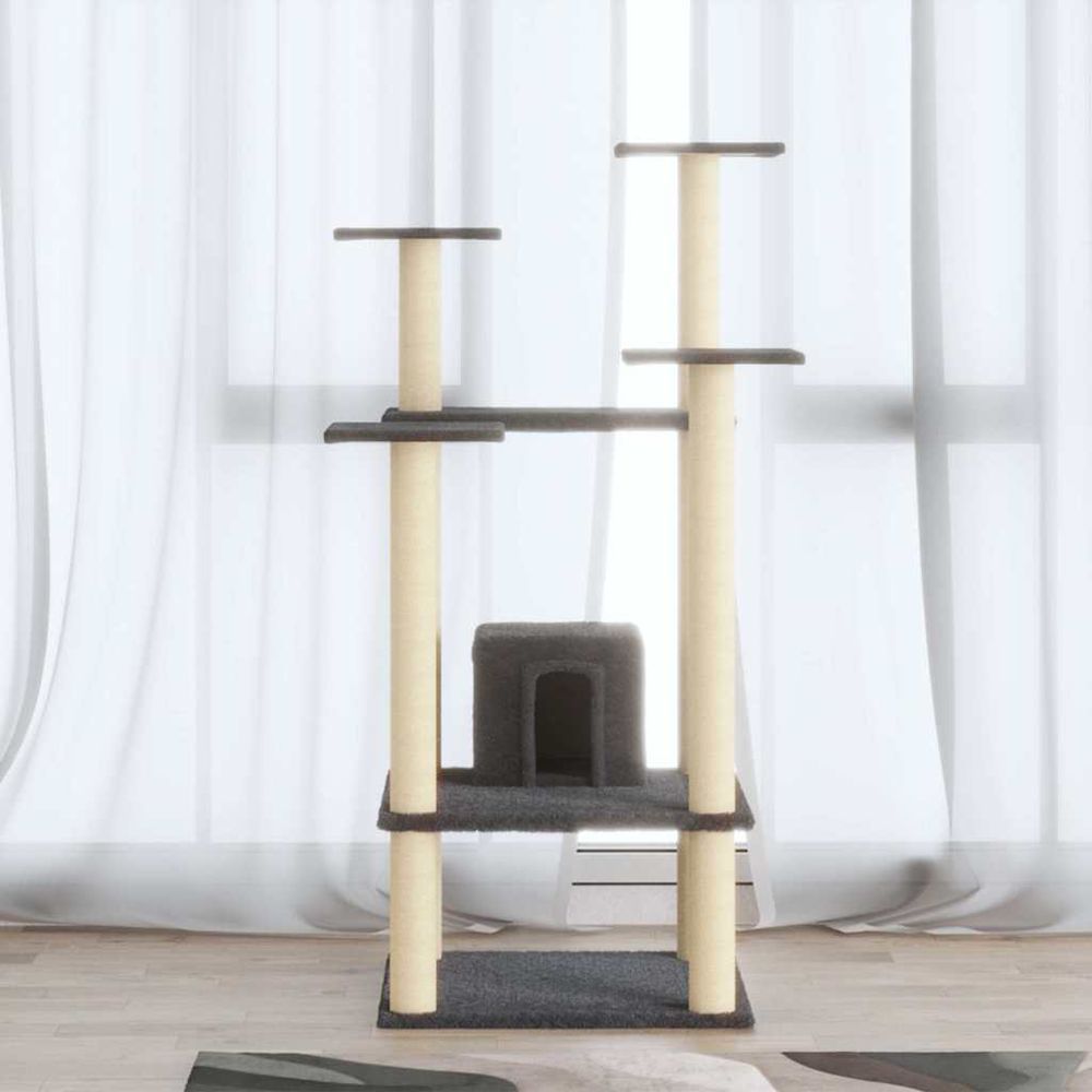 Grande tour pour chat 110 cm avec maisonnette et griffoirs en sisal, centre d'activité en peluche gris foncé