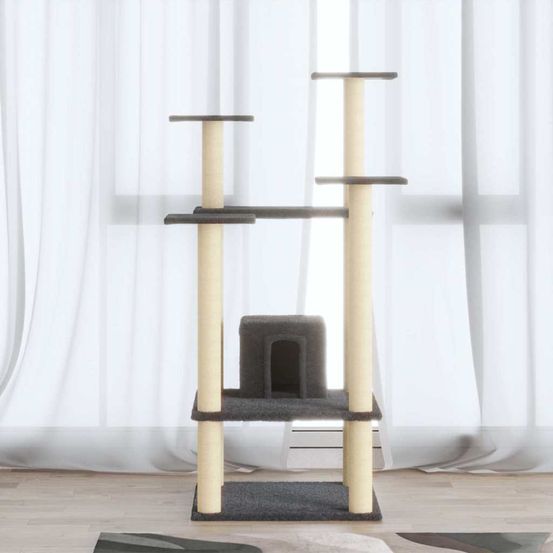 Grande tour pour chat 110 cm avec maisonnette et griffoirs en sisal, centre d'activité en peluche gris foncé