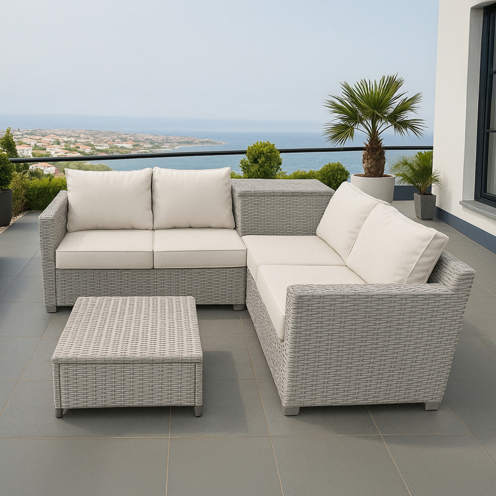 Abacos - salon de jardin d'angle 4 places en résine tressée avec table et coffre de rangement gris et beige