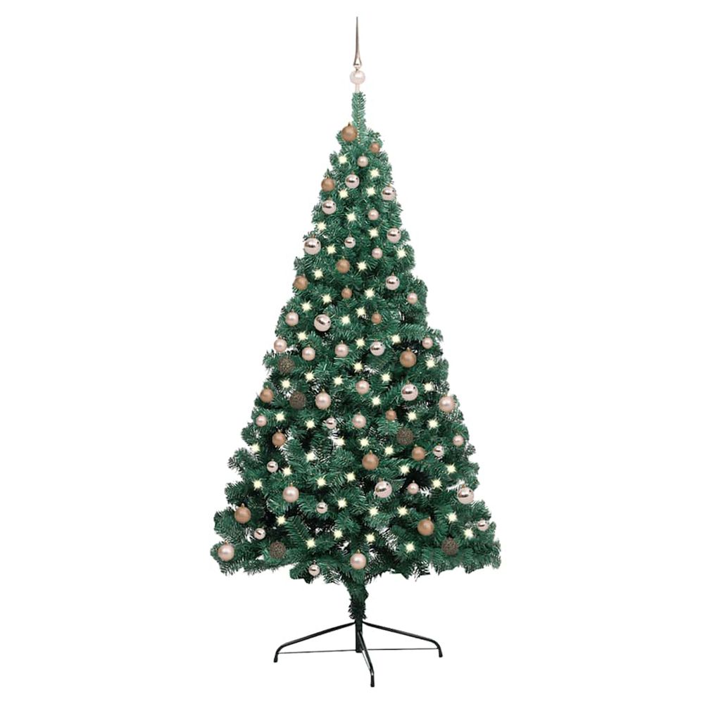 Demi-arbre de noël artificiel pré-éclairé et boules vert 210 cm