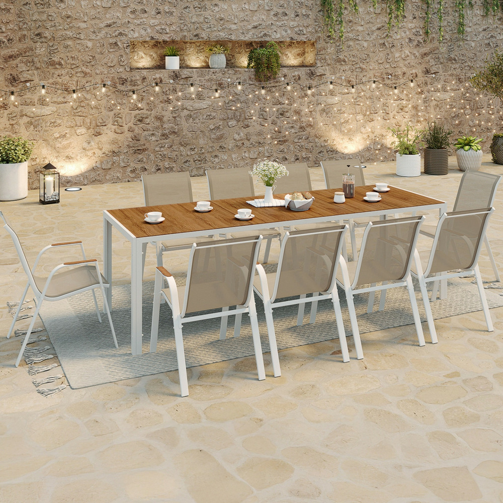 Salon de jardin noumea table 240 cm plateau verre trempé effet bois et 10 chaises empilables blanc et bois