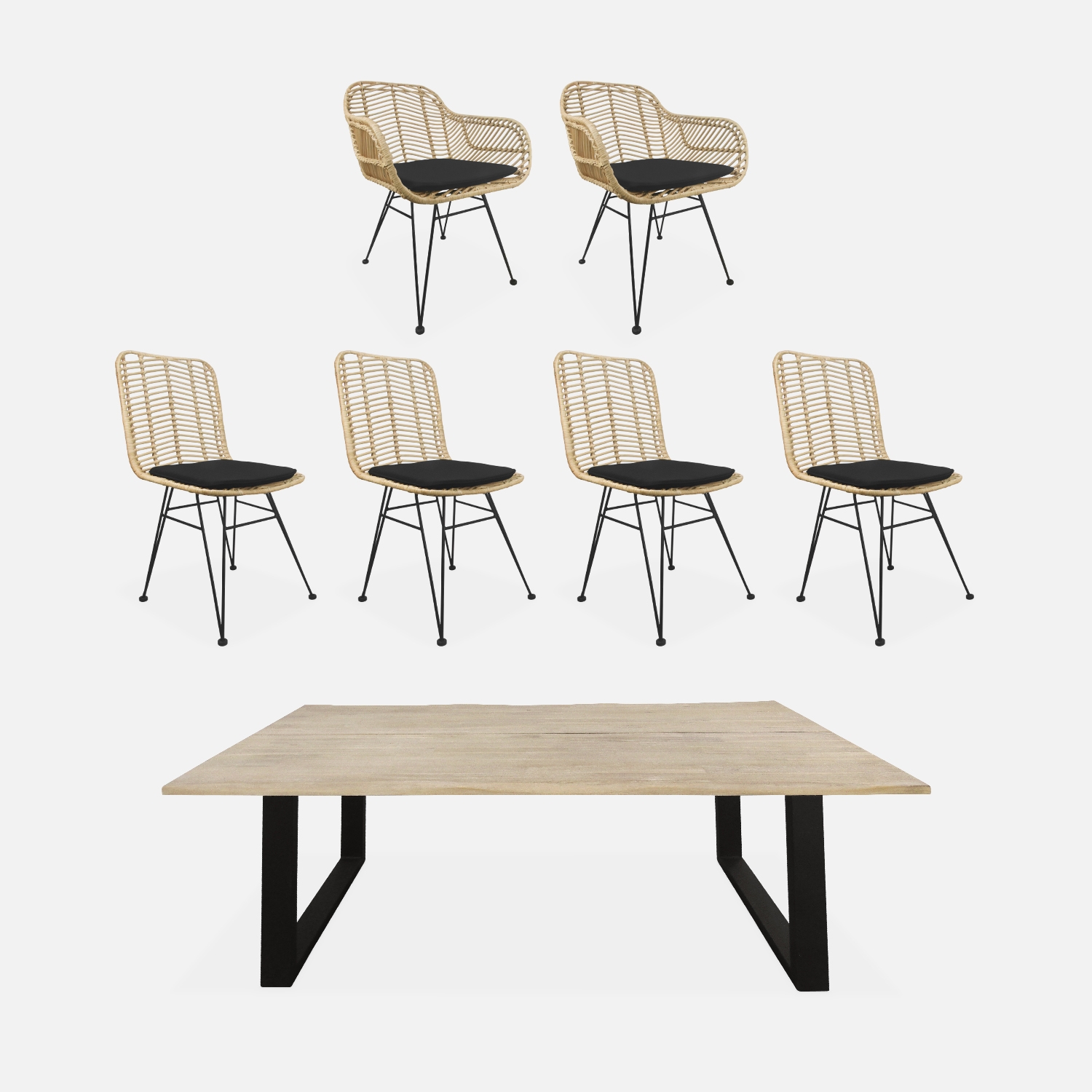 Table à manger en bois et métal 180cm + 4 chaises et 2 fauteuils en rotin naturel coussins noirs