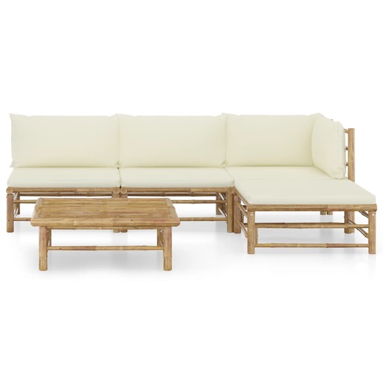 Salon de jardin 5 pcs avec coussins blanc crème bambou