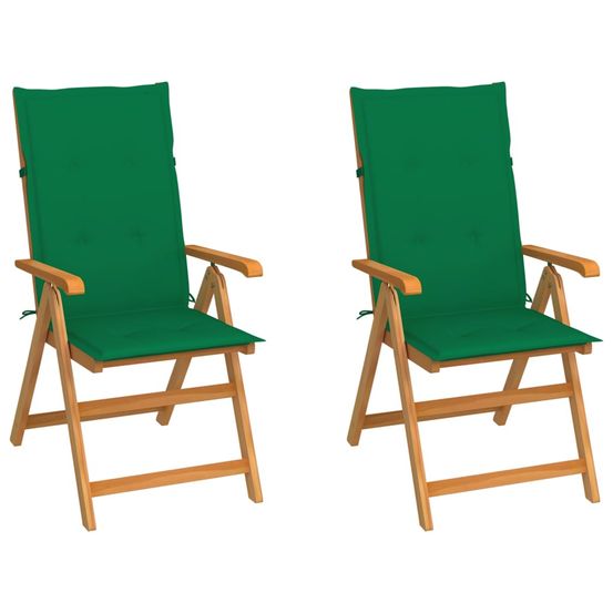 Chaises pliantes (lot de 2) avec coussins verts, en bois de teck massif