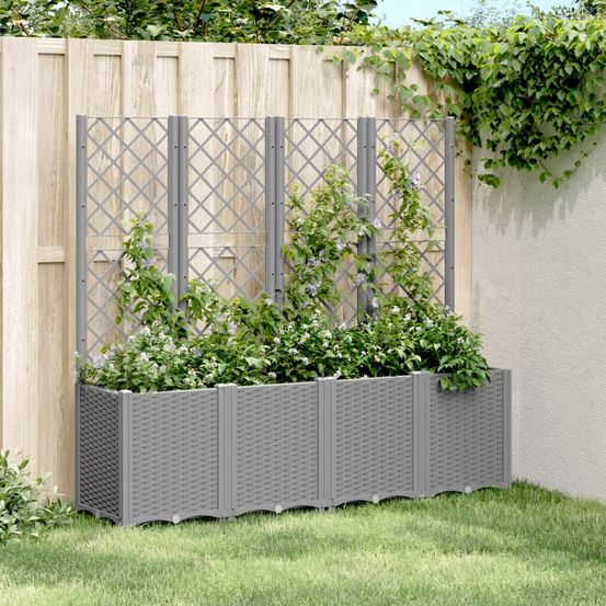 Jardinière avec treillis modulable pour plantes grimpantes aspect rotin 160x40x140 cm gris clair
