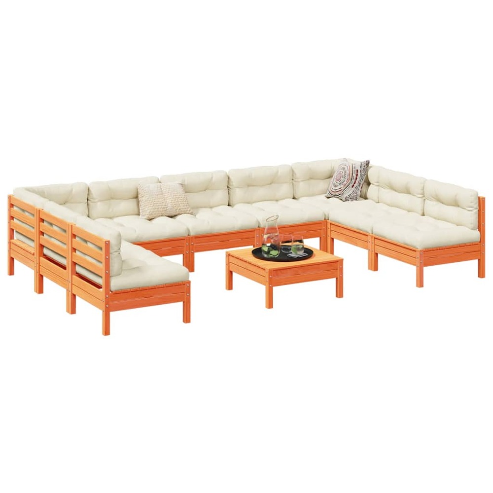 Salon de jardin 10pcs avec coussins cire marron bois pin massif