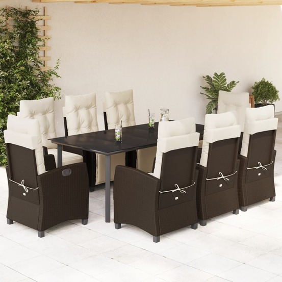 Ensemble à manger de jardin et coussins 9 pcs marron poly rotin