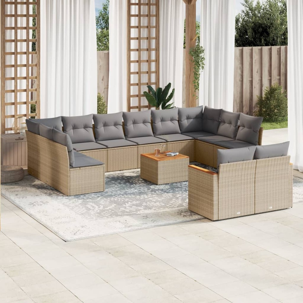 Salon de jardin et coussins 13 pcs mélange beige résine tressée