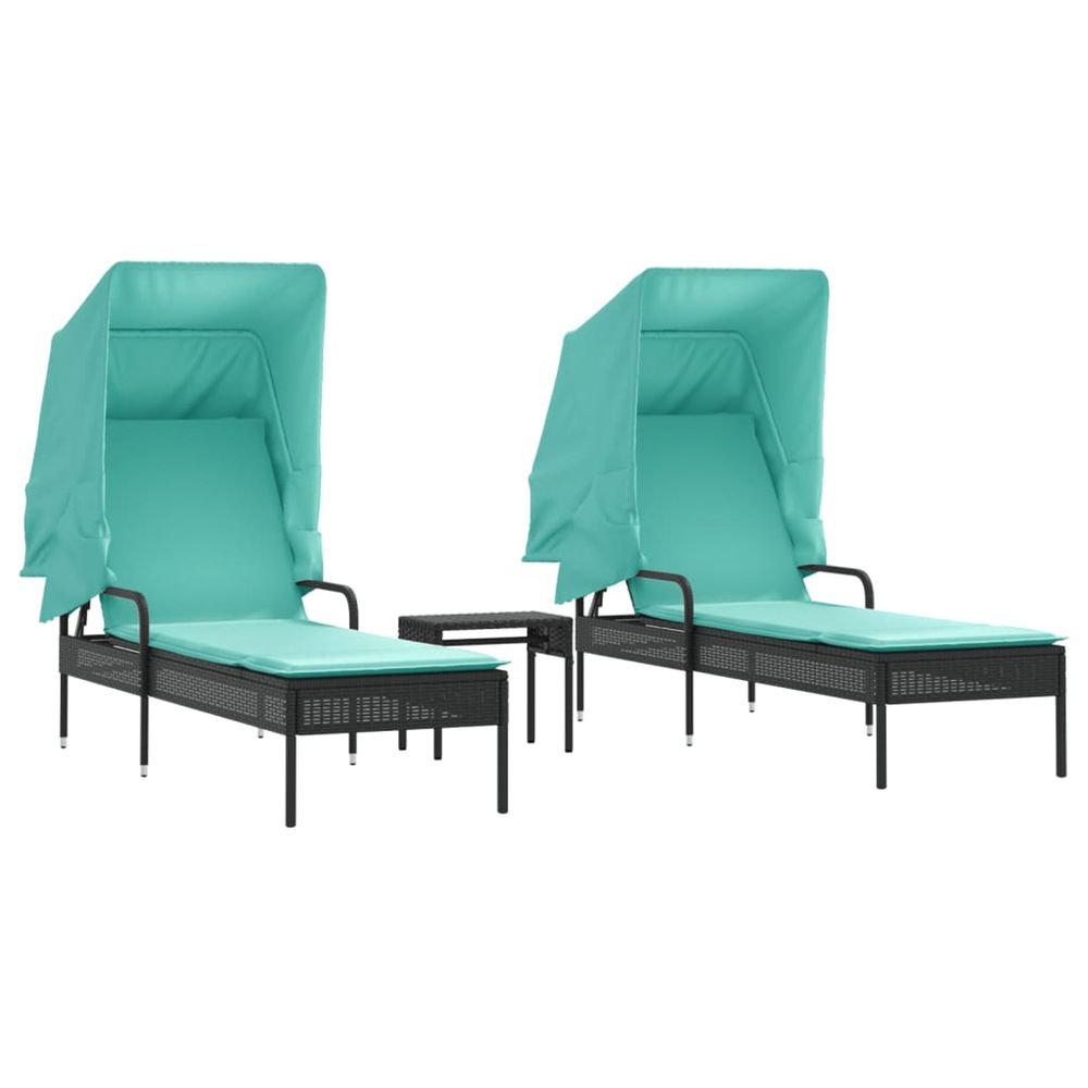 Chaises longues lot de 2 avec auvents et table noir poly rotin