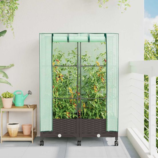 Bac de culture en polypropylène pour balcon avec couvercle serre et roulettes 80cm marron