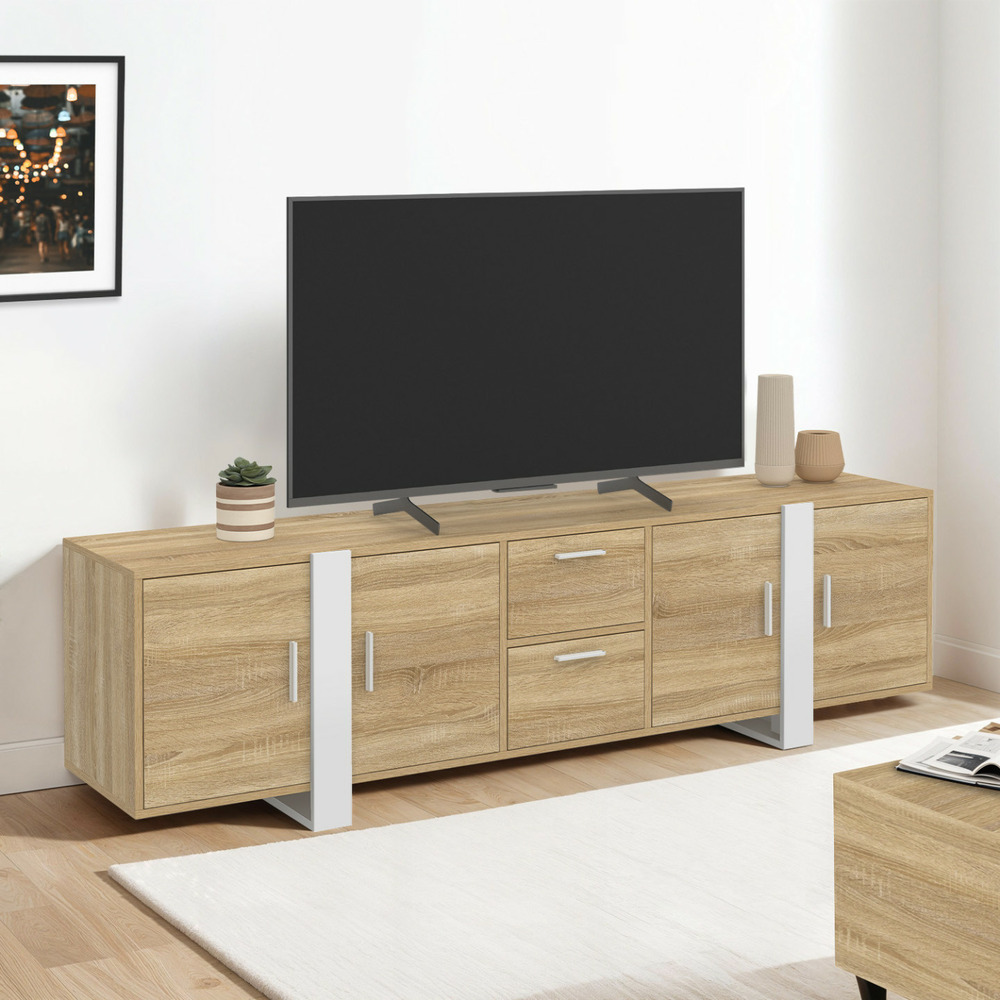 Meuble tv 180 cm phoenix 4 portes + 2 tiroirs bois et blanc
