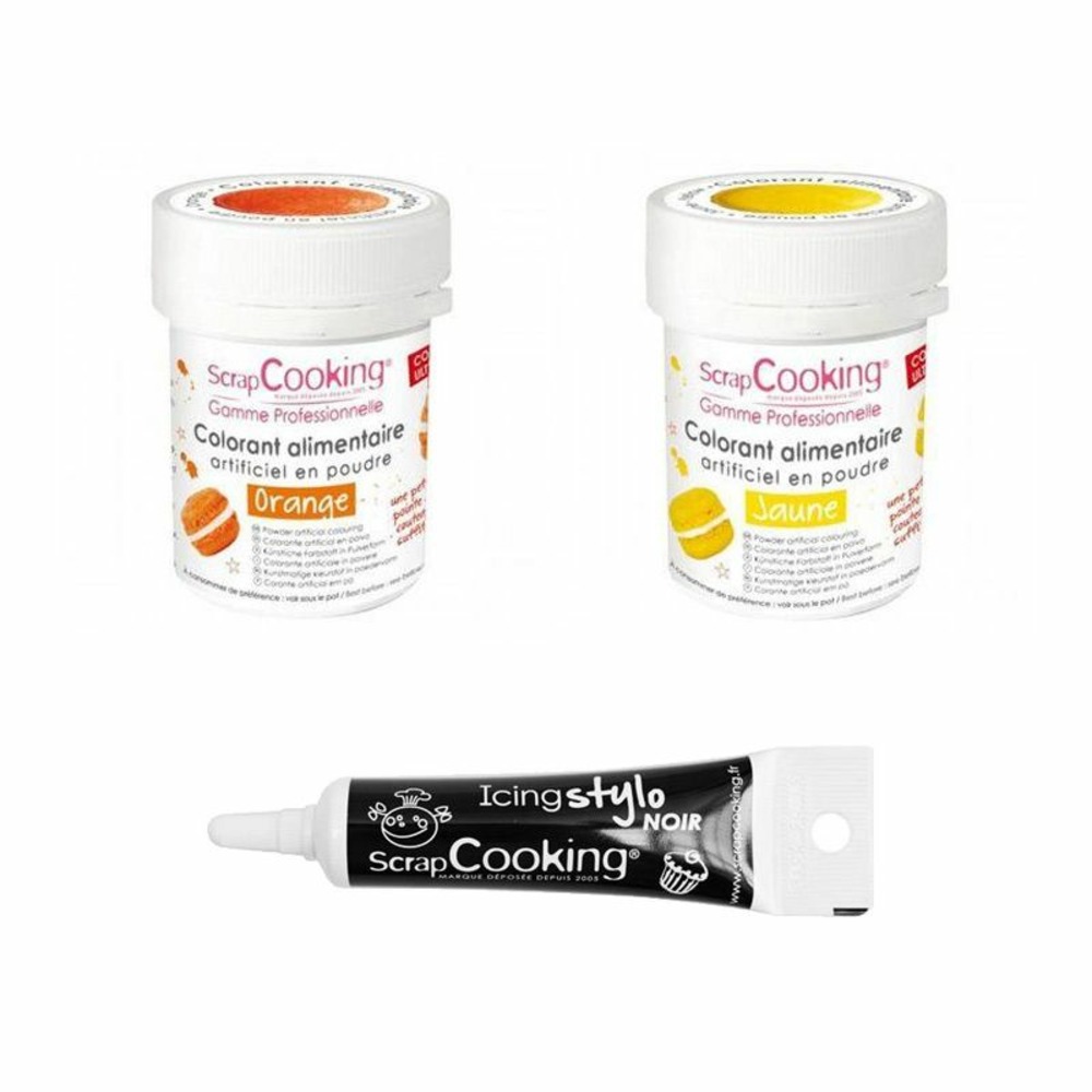 2 colorants alimentaires orange-jaune + stylo glaçage noir