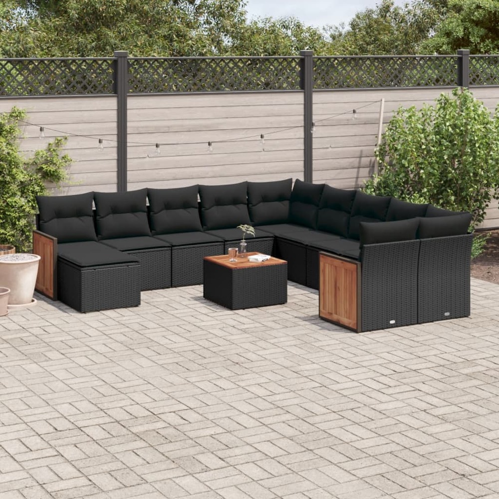 Salon de jardin 12 pcs avec coussins noir résine tressée