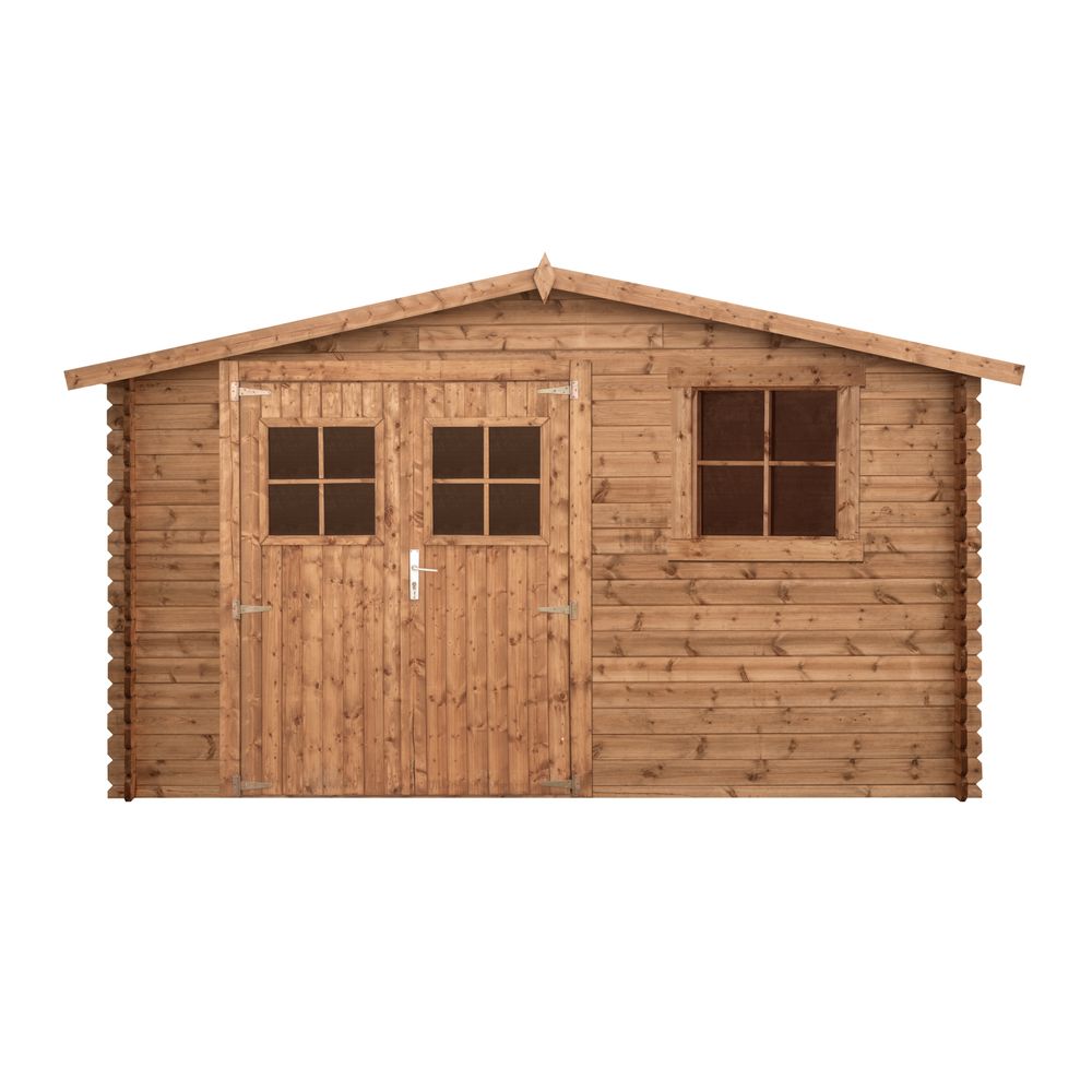 Abri de jardin en bois traité, surface utile 9,9m², 388x298cm, ep 28mm, INT043
